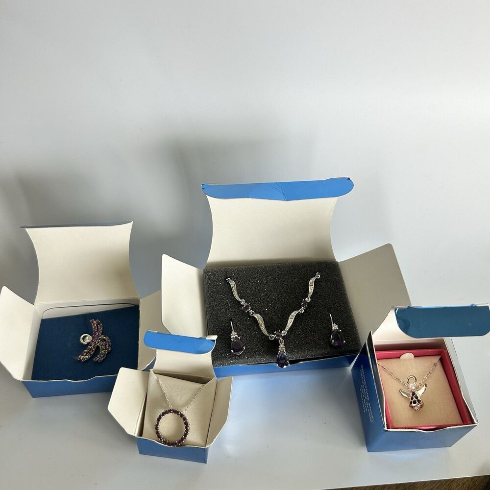 Avon February Birthstone Jewelry Lot Amethyst Necklace Sets Angel Pin NIB